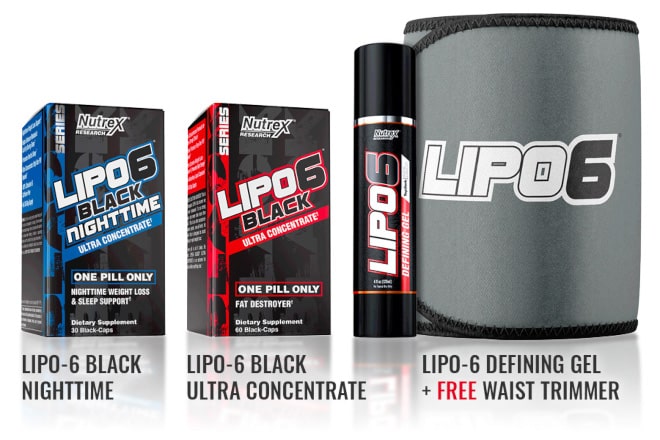 Apila LIPO6 BLACK NIGHTTIME con LIPO-6 DEFINING GEL y LIPO-6 BLACK ULTRA CONCENTRATE